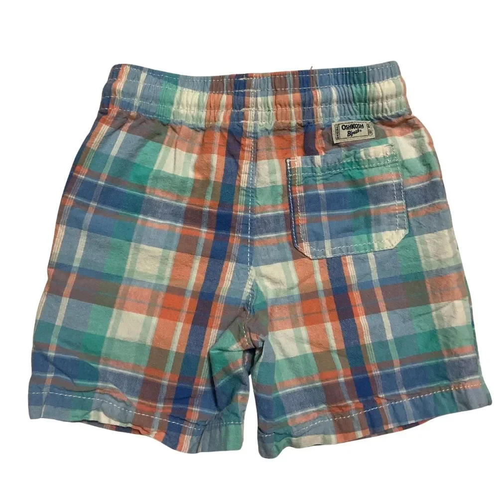 OshKosh B'Gosh Boy's Plaid Shorts Size 3T Drawstring Pockets Cotton Blue/Orange